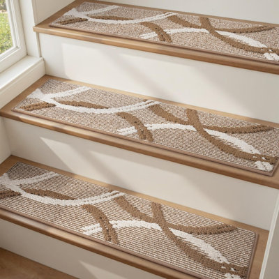 Peel and Stick Stair Treads Non Slip 15 PCS, 8"x30", 3D Textured Carpet Stair Tread Indoor, Residue-Free Adhesive Washable Stair Runner Rug , Circle Brown