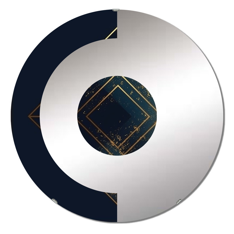 Rhombus en bleu profond et or abstrait V - miroir mural demi-cercle, 31,4 po x 31,4 po