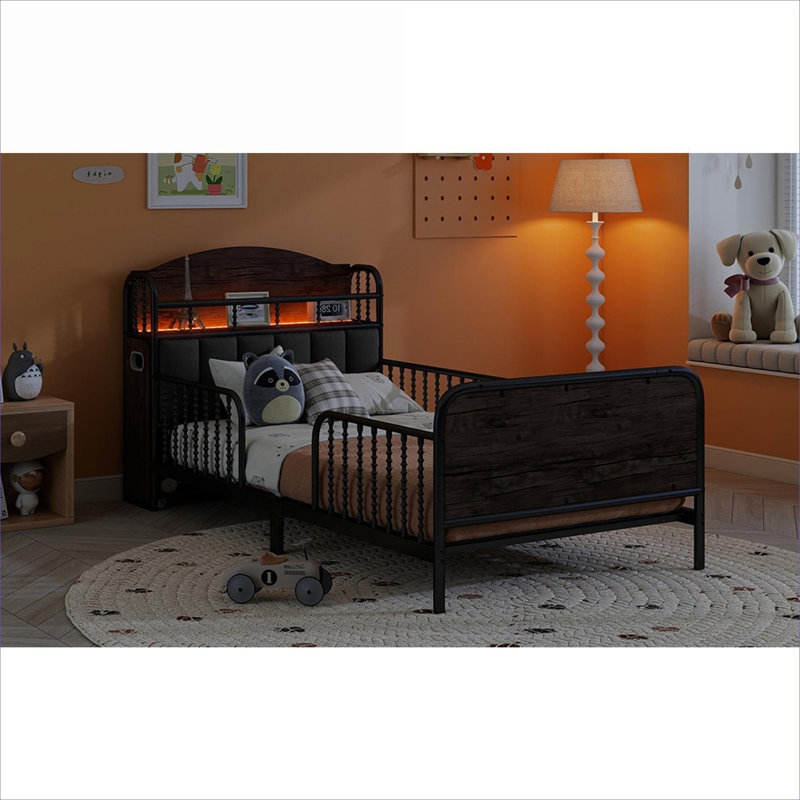 Storage Equipped Twin Size Platform Bed Frame, Matte Black Metal, With LED Lights and Pull Out Storage Shelves for Kids Bedroom
