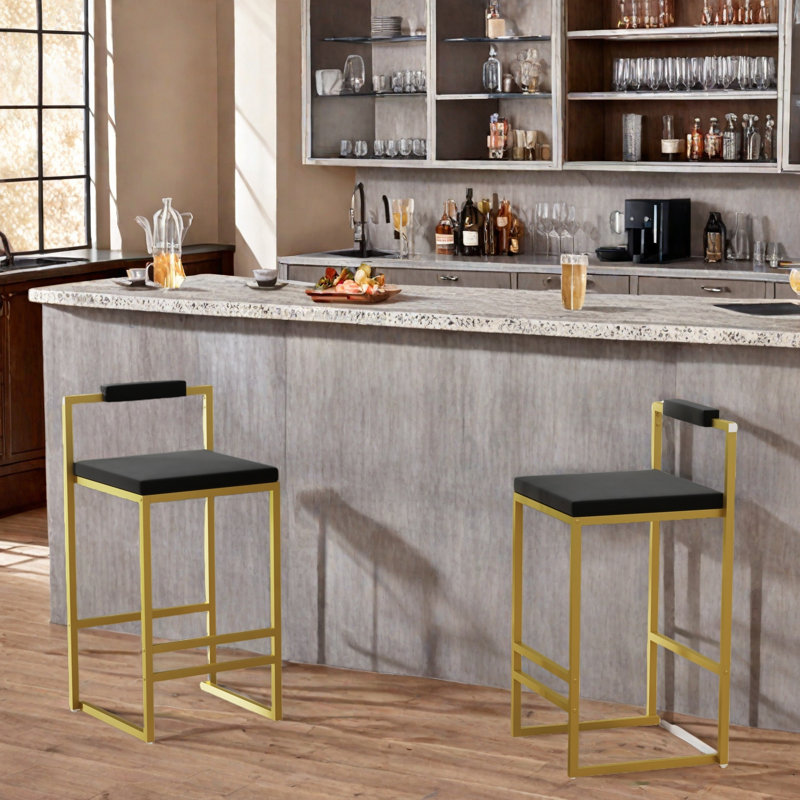 Set Of 2 Modern Bar Stools With Velvet Cushions And Metal Legs, Black, Gold