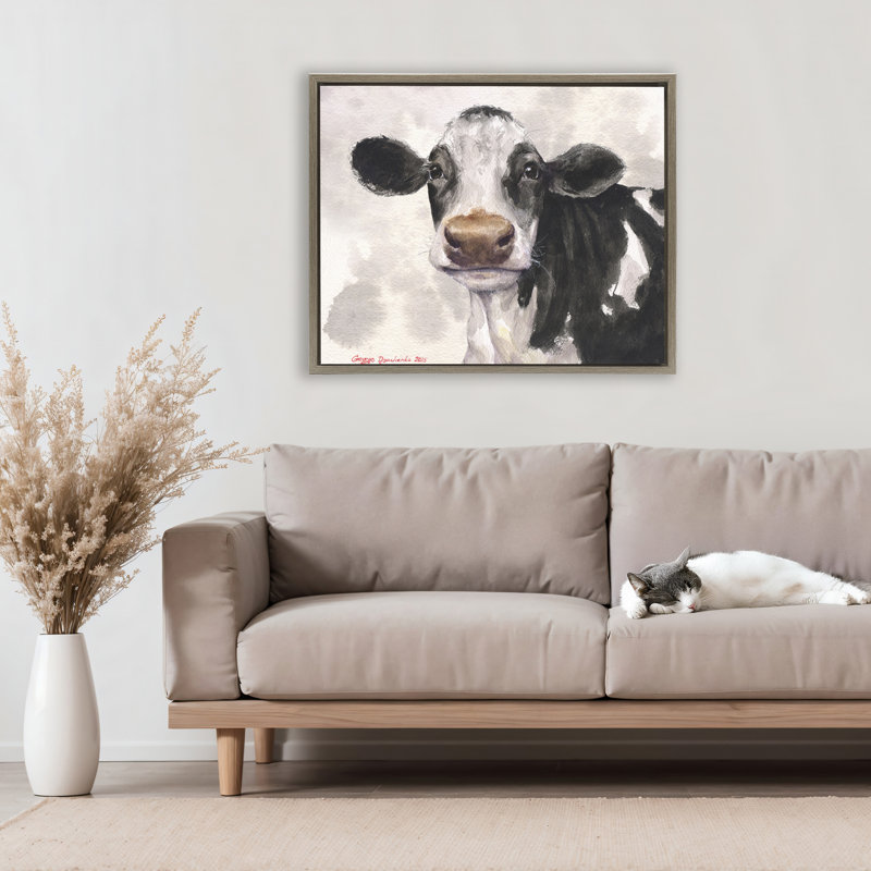 Vache mignonne avec cadre flottant abstrait, design par George Dyachenko, Cadre flottant orme Montalcino, H 25 po x l 31 po