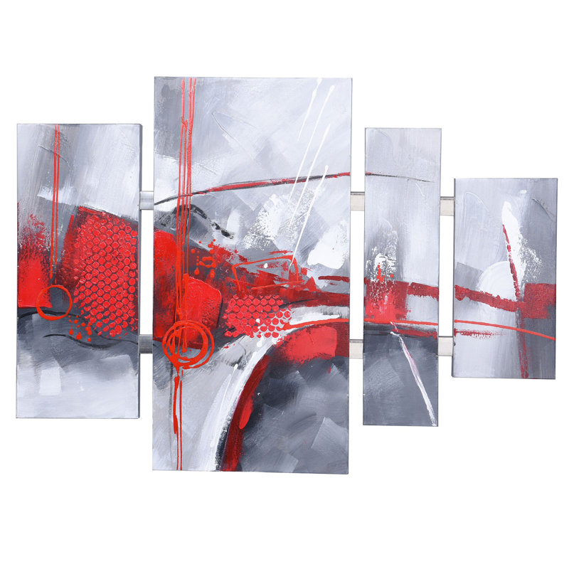 Vibrant Red and Gray Abstract Contemporary Multi-Panel Painting