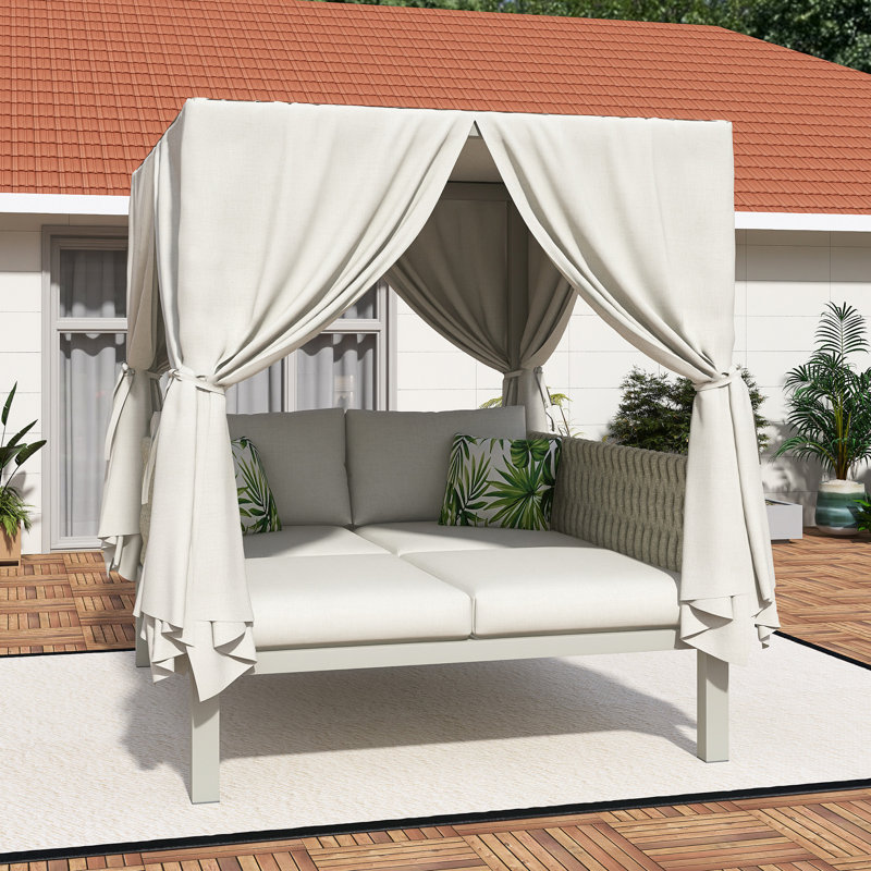 Lit de bronzage d'extérieur avec rideaux, Beige