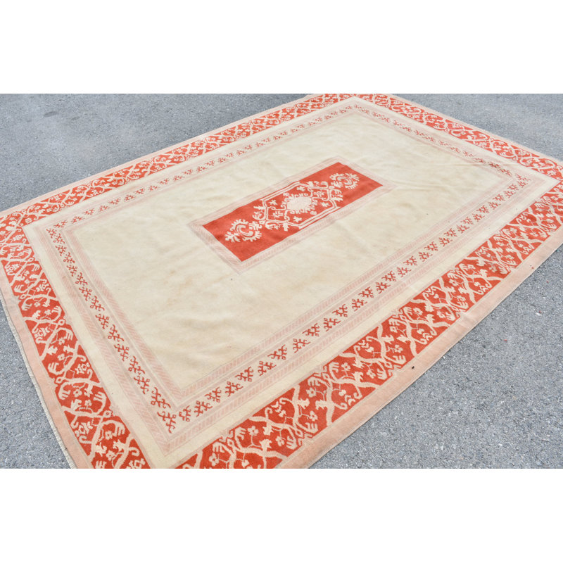 Grand tapis turc vintage fait à la main en beige pour les espaces de décoration intérieure, de salon et de chambre à coucher - Modèle 9095 beige / orange
