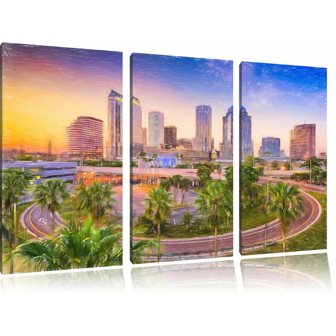 3-tlg. Leinwandbilder-Set „Skyline in den USA“, Grafikdruck