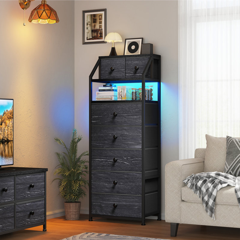 Tall 7-drawer Storage Cabinet With Rgb Led Lighting, Modern Organizer With Open Shelf For Bedroom Living Room, Black