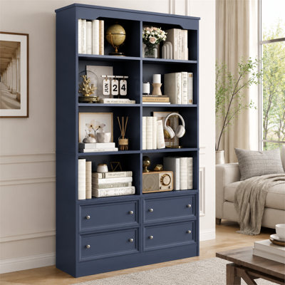 blue bookshelf double row six tier 70.9 inches tall with four drawers eight display compartments for home office living room