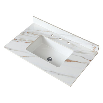 Bathroom Vanity Top 37 Inch - White Marble With Elegant Veins, 4" High Backsplash, 8 Faucet Hole Spread, Sintered Stone, Water & Stain Proof 37" X 22" 4-Inch Backsplash Sink