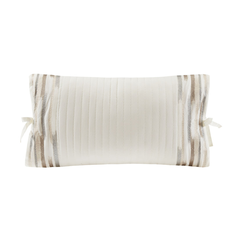 Cream Embroidered Cotton Lumbar Pillow with Bow Ties
