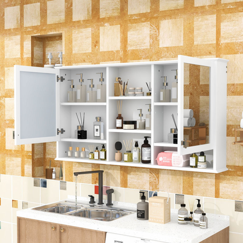 Armoire à pharmacie murale à miroir avec tablettes intérieures réglables et portes doubles à fermeture en douceur