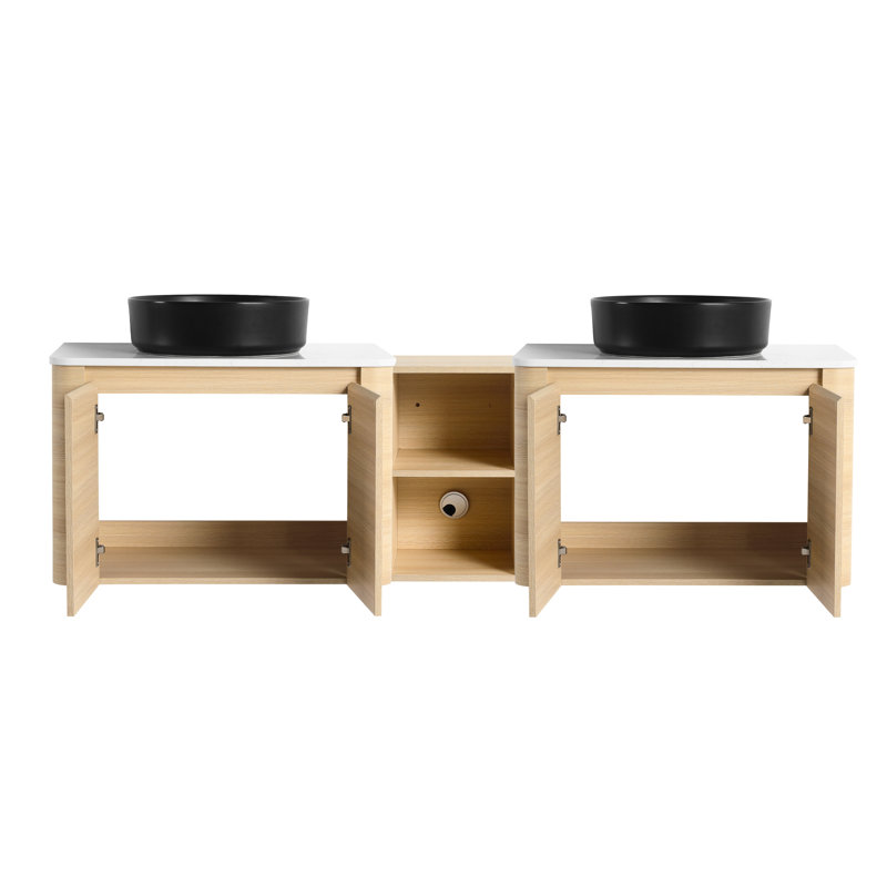 Meuble-lavabo mural 72 po avec lavabo d'art en céramique, 1 tablette de rangement, 4 portes à fermeture douce, rangement Kd, contreplaqué, organisation moderne