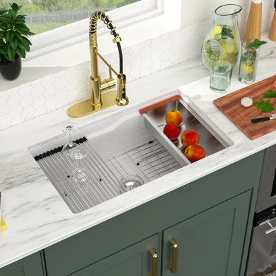 32" L x 19" W Undermount Kitchen Sink White Ceramic Workstation Sink Undermount Single Bowl Ceramic Kitchen Sink
