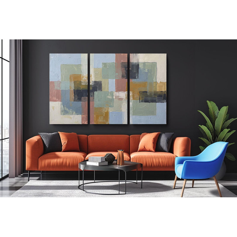Reproduction d'art abstrait géométrique sur toile - triptyque sur toile, motif carré moderne, grande peinture de bureau 3 pièces, tons terreux minimalistes, reproduction de peinture