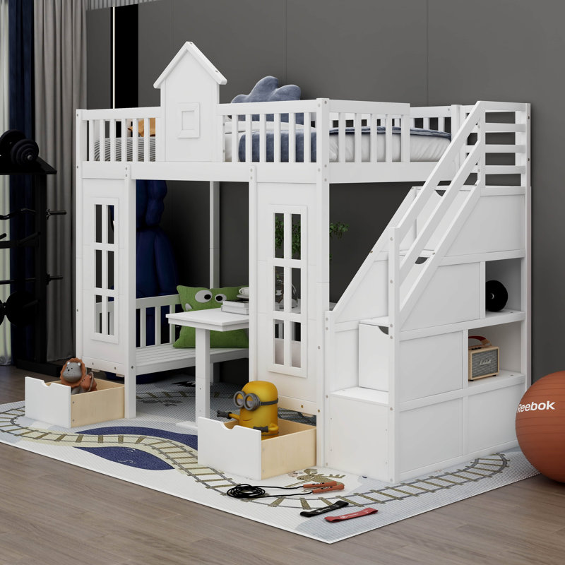 Kids Bunk Bed with Drawers, White, Twin over Twin