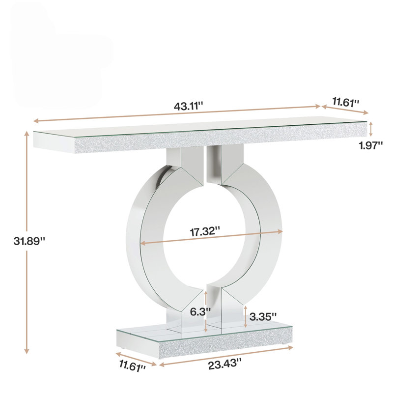 Console à miroir moderne de 43 po avec base en forme de O, table d'entrée en verre argenté pour le salon, le couloir ou le vestibule - Table d'appoint contemporaine avec placage de diamant en acrylique