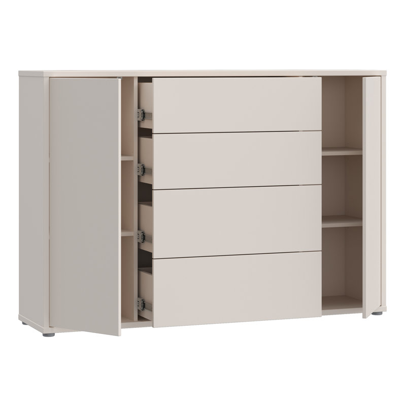 Modern 4-drawer, 2-door sideboard, engineered wood, 143.9 cm W x 99.1 cm H x 34.9 cm D, Beige