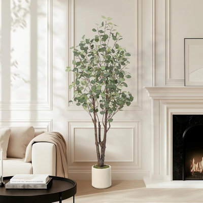 6FT Artificial Eucalyptus Tree, Realistic Faux Plant with Multi-Stem Design, White Planter