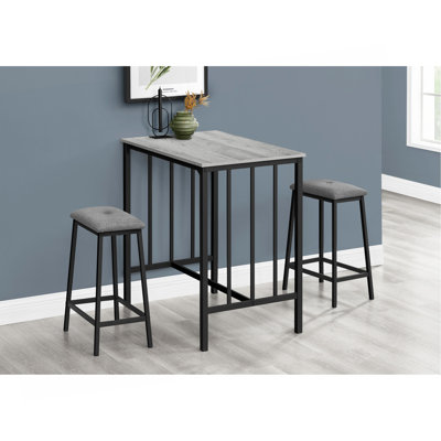 Ensemble de salle à manger, ensemble de 3 pièces, hauteur de comptoir, 36 po rectangulaire, petit, cuisine, stratifié gris, métal noir, contemporain, moderne