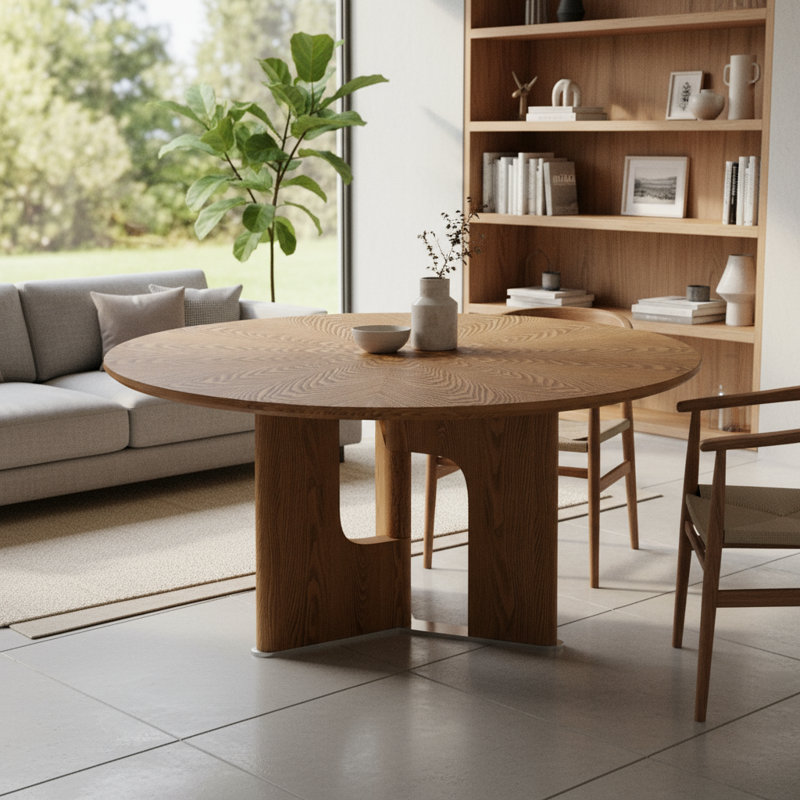 Table basse en placage de frêne, conception de style champêtre rond, adaptée au petit salon