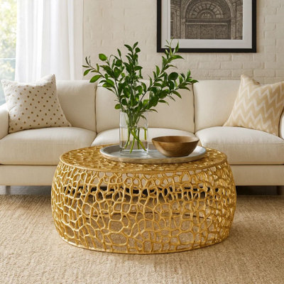 Table basse, conception de filet de socle rond de 28 pouces, structure ouverte en métal doré