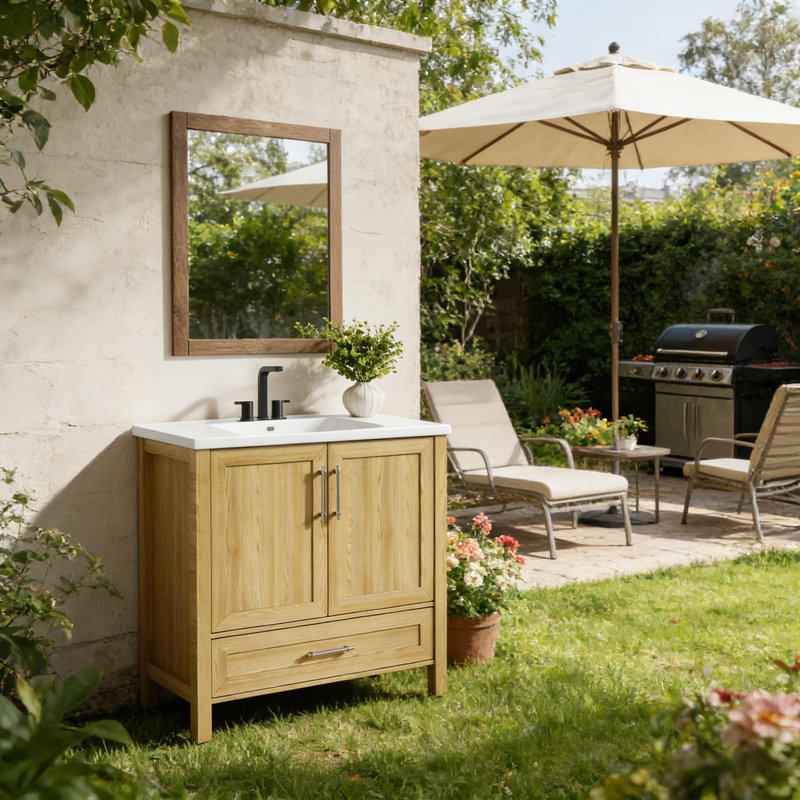 Meuble-lavabo pour salle de bain avec lavabo en céramique, portes d'armoire et tiroir pour la salle de bain et le jardin