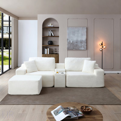 Canapé modulaire modulaire avec assise profonde, tissu en velours côtelé, porte-gobelets, ports USB, boîte de rangement et repose-pieds mobile pour le salon, aucun assemblage requis