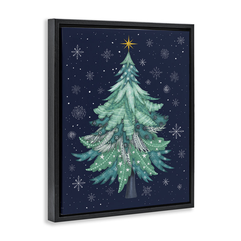 Art abstrait sur toile, motif abstrait arbre de Noël par Darlene Seale, H 21 po x l 17 po, Cadre flottant noir de jais
