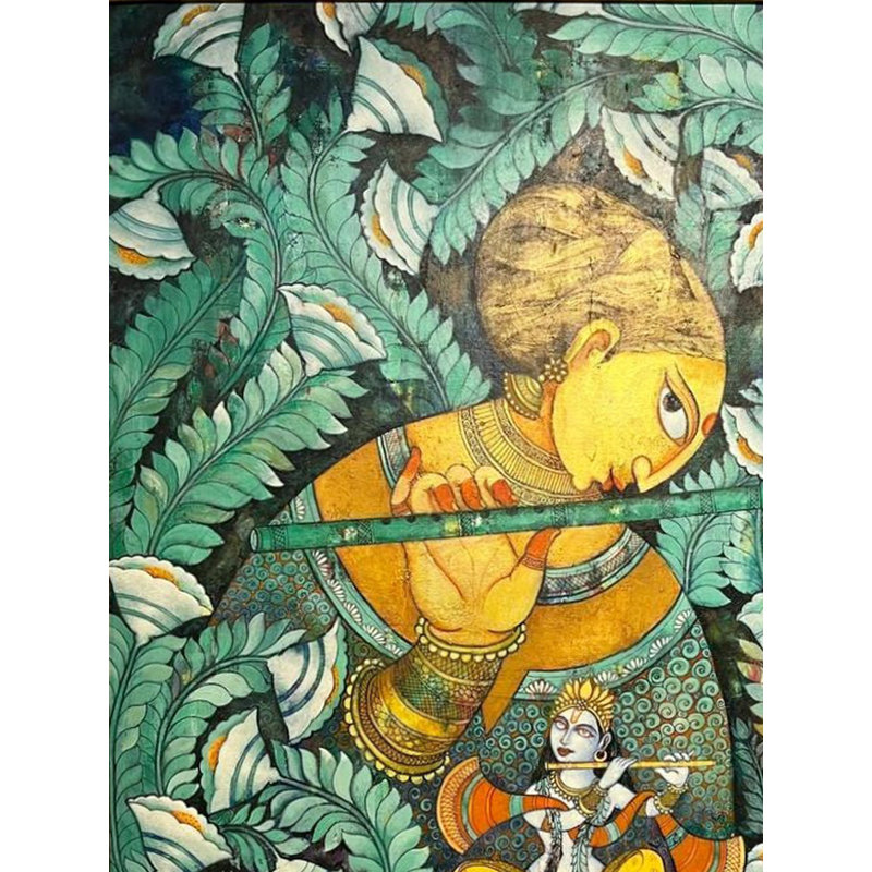 Jouant de la flûte Radha et Krishna avec la vache Kamdhenu et Nandi | Acrylique sur toile | Avec cadre