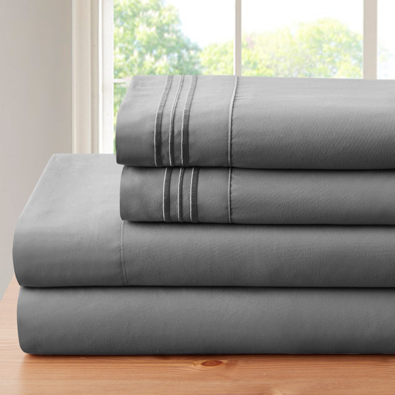 Gray Twin Bamboo Microfiber Embroidered Bed Sheet Set