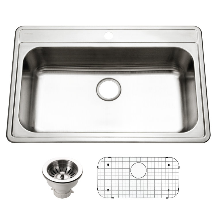 Houzer 33 in Stainless Topmount 1-Hole Single Bowl Kitchen Sink w/ Strainer, Grid - PGS-3122-1-C
