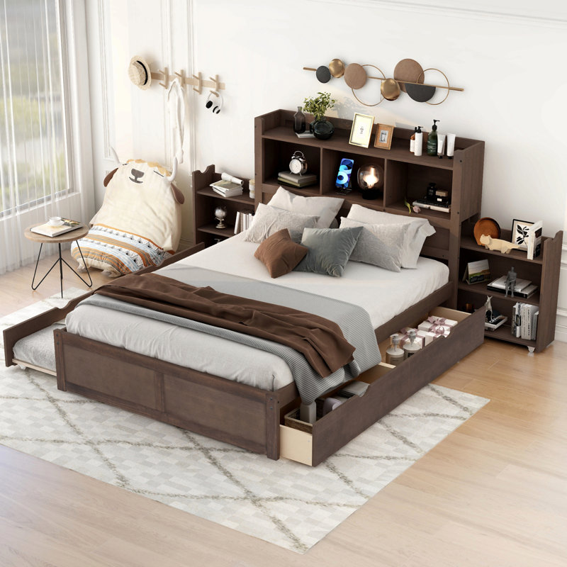 Lit plateforme pleine grandeur avec tablettes coulissantes, lit gigogne simple et 2 tiroirs, Espresso