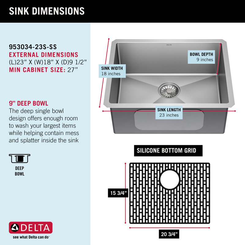 Delta Lenta™ Undermount 16 Gauge Stainless Steel Single Bowl Kitchen Sink with Accessories, 23" L x 18" W 