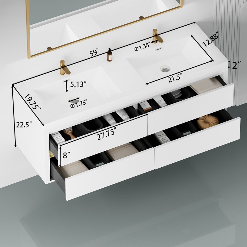 Meuble-lavabo mural flottant avec double surface de comptoir en blanc, 60", Blanc