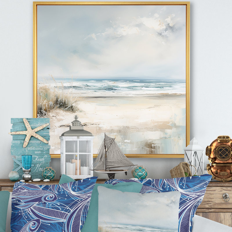 «Coastal Ocean Charm in Winter II», reproduction sur toile, Cadre flottant doré, H 36 po x l 36 po x P 1,5 po
