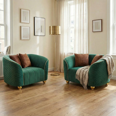 FX-P55-1S-RG1-2PCS Fauteuil luxueux vert matelassé rétro avec garniture dorée et pieds en forme de boule - Fauteuil d'appoint confortable et élégant pour le salon ou le bureau