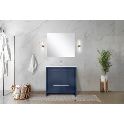 Meuble-lavabo bleu marine 36 po X P 20 po D, ensemble en marbre de culture et robinet chromé