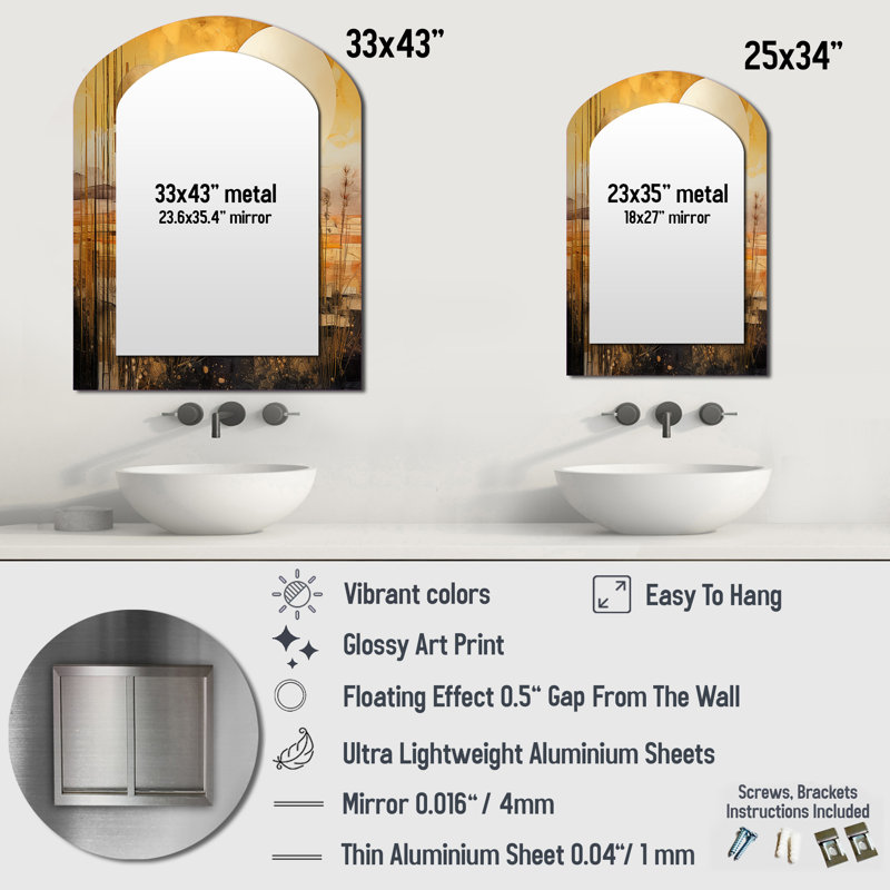 Golden Sunset Cottage Countryside Landscape II - Grand miroir mural arqué sur métal, 43 po x 33 po