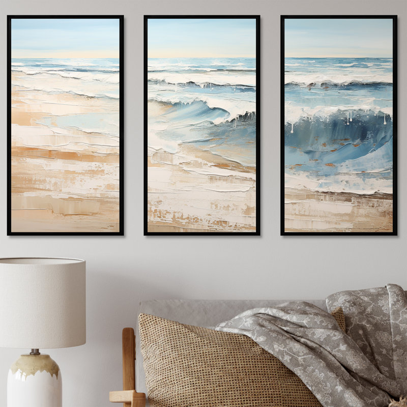 Golden and Blue Beach Tranquility I - ensemble d'art mural sur toile plage, Cadre flottant noir, H 32 po x l 48 po x P 1 po