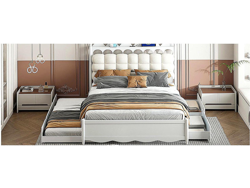 Lit plateforme avec rangement en bois avec 2 grands tiroirs, lit double de taille XL, ensemble de prises et ports USB