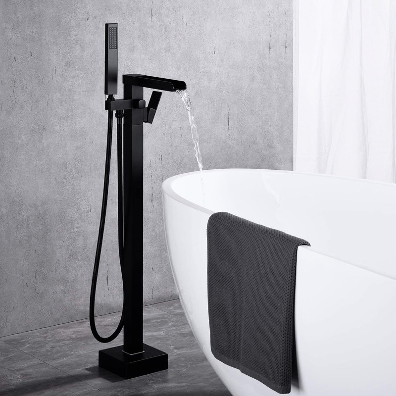 Floor Mounted Bathroom Tub Filler In Matte Black With Hand Shower - Rust Fixture Modern Mount Waterfall Spout And Detachable Rust- Accessory