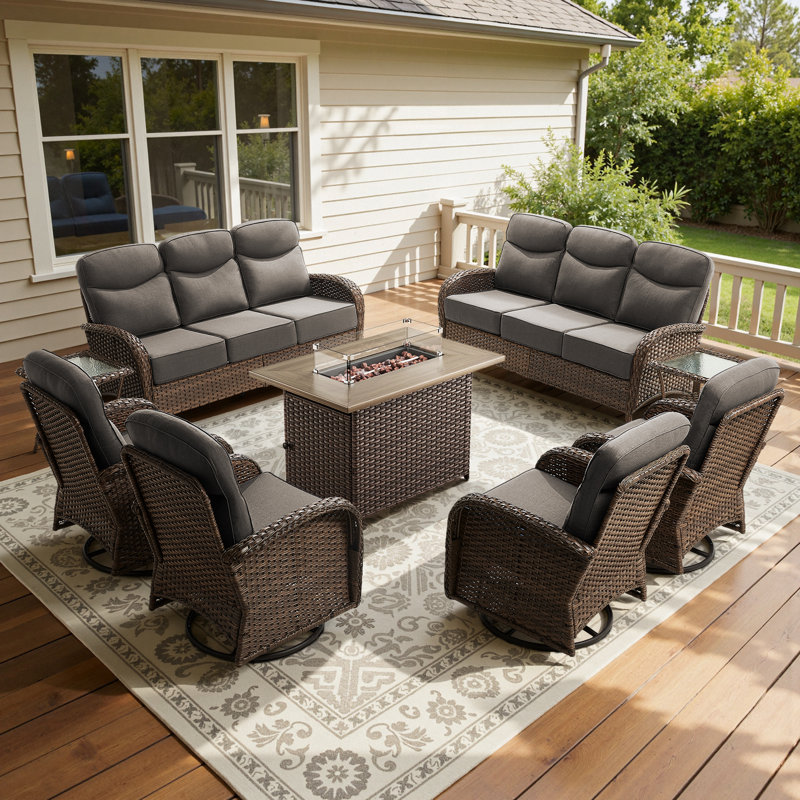 9-Piece Outdoor Wicker Garden Large Family Sofa Conversation Set With Swivel Chairs And Fire Pit Table, Gray