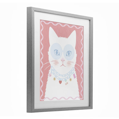 Chat pastel avec collier, reproduction encadrée sous verre, design par Lil 'Rue