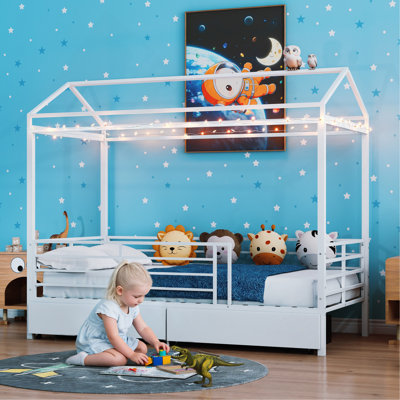 Lit de maison pour enfants, lit de plancher pour garçons, cadre de lit avec toit, aucun sommier nécessaire