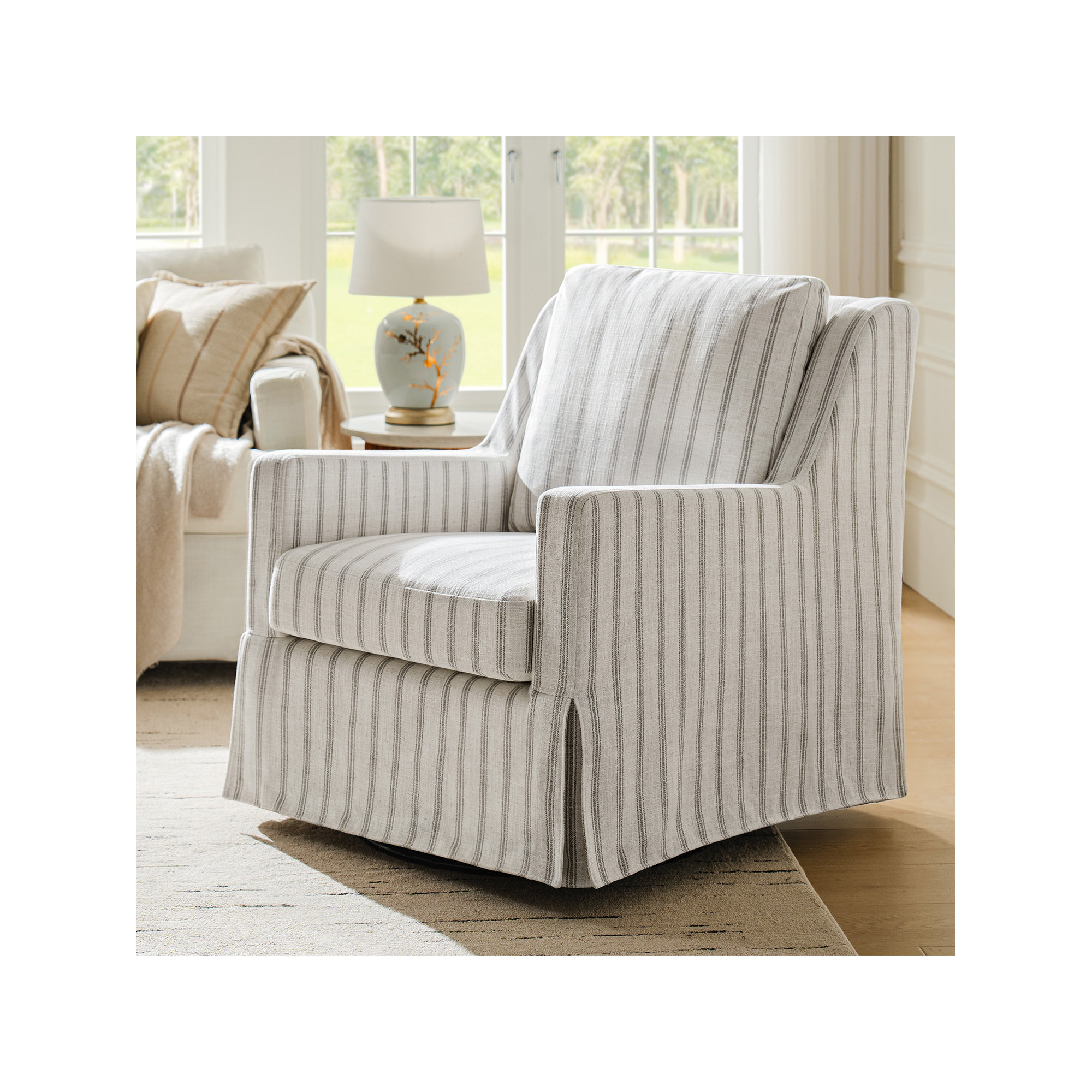 Minni Farmhouse Swivel Rocking Chair, Gray Striped