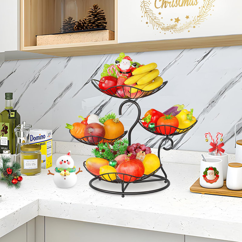 Panier à fruits à 4 niveaux en fil de métal noir - Comptoir de cuisine et table de salle à manger