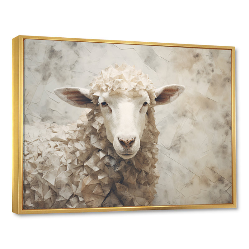 Cozy beige minimalisme mouton IV sur toile, Cadre flottant doré, H 34 po x l 44 po x P 1,5 po