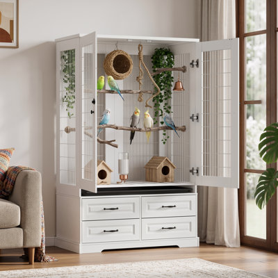 Large Floor Bird Cage with Removable Tray, Wire Mesh Walls, and Gridded Base, 63" H Parakeet/Budgie Parrot Bird Enclosure with Bottom Storage Drawers, White