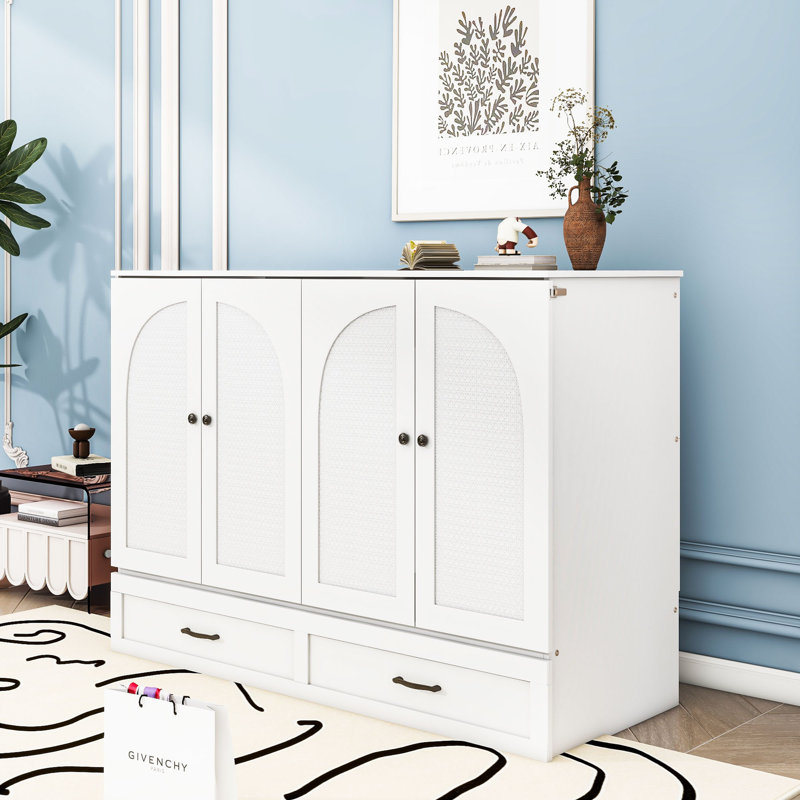 Carlysia Wooden Murphy Bed with Storage Drawers and Built-In Charging Station, Full / Double, White
