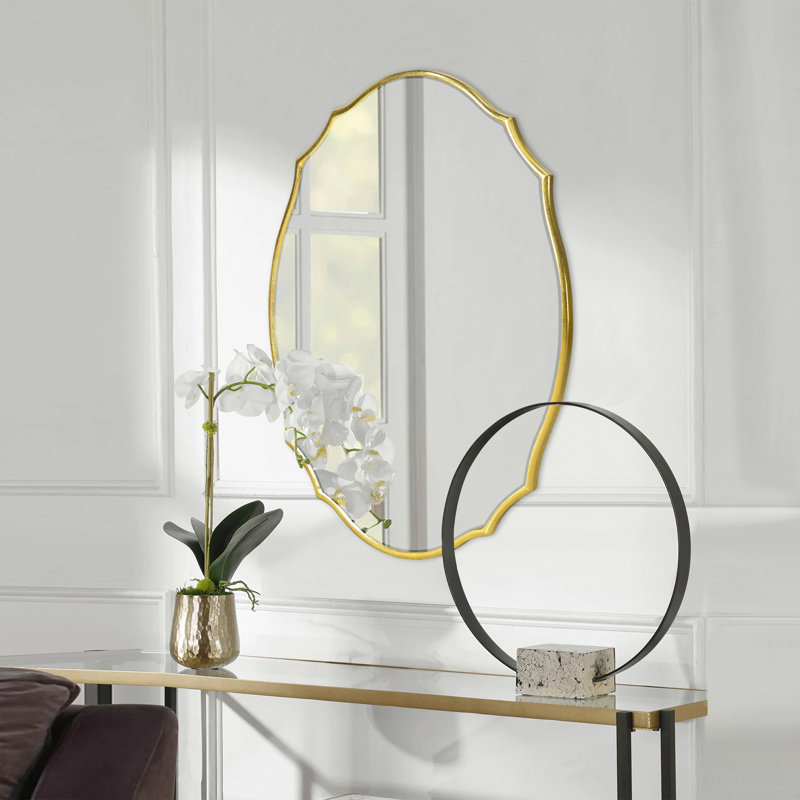 Classic Scalloped Mirror with Wooden Frame for Bathroom or Entryway, Gold