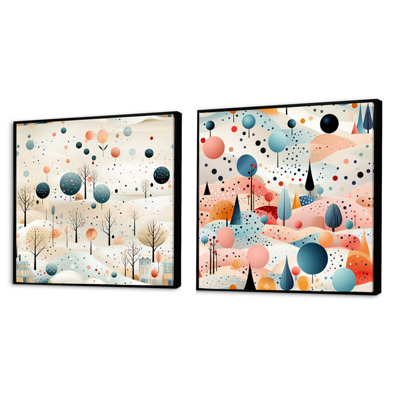 Ensemble de 2 collages carrés gris et bleu à motif de pokas rétro - paysages abstraits, Cadre flottant noir